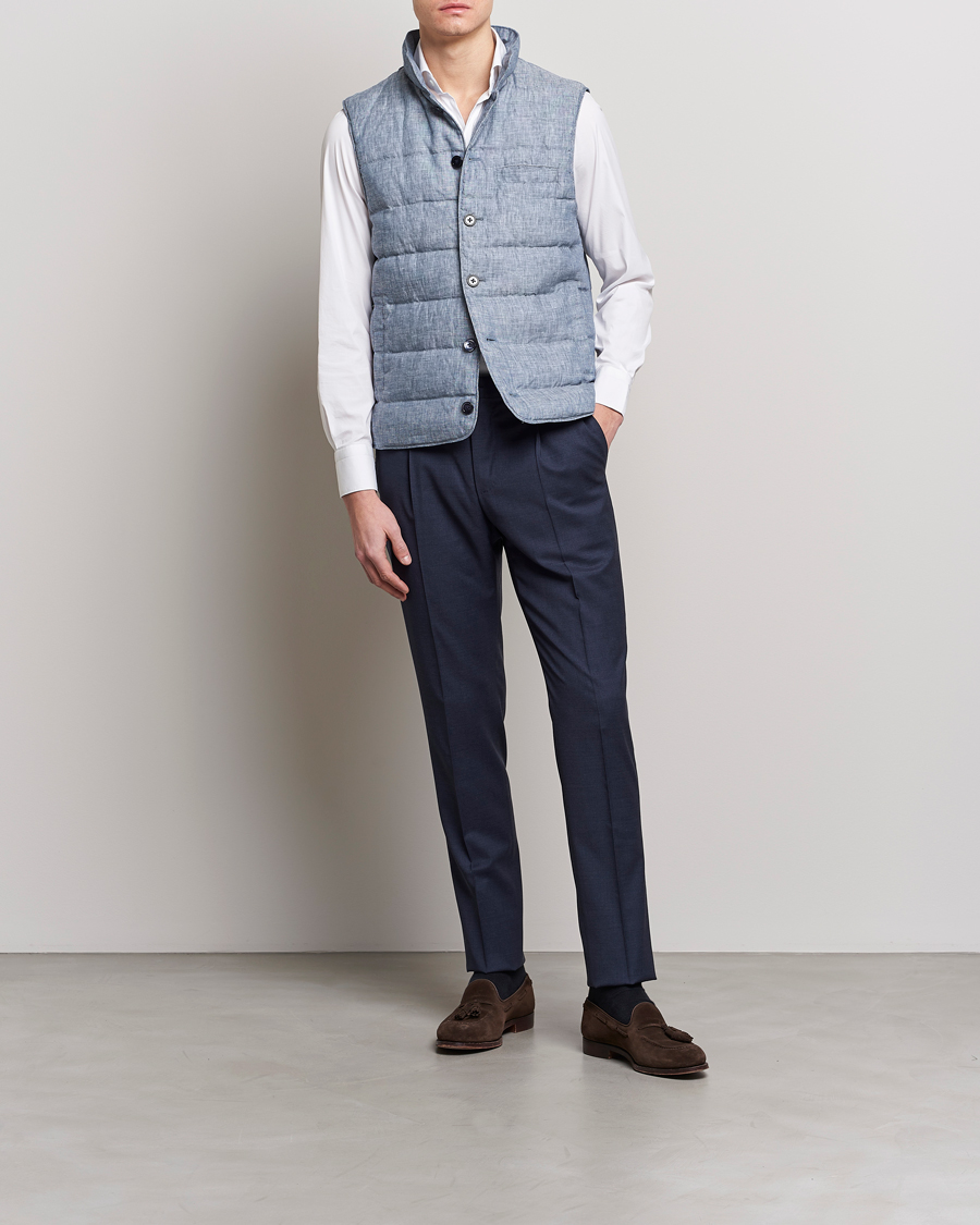 Men | Gilets | Stenströms | Padded Linen Vest Blue