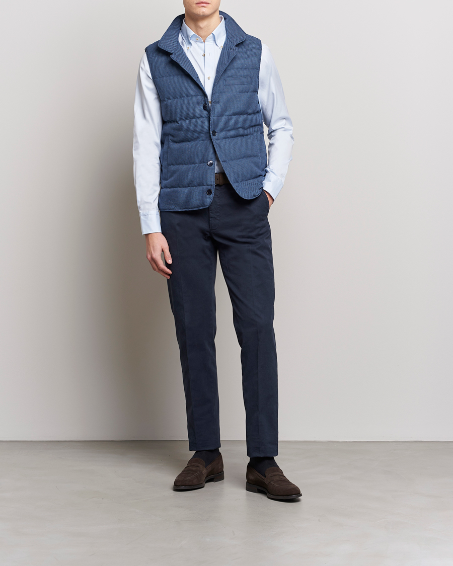 Men | Gilets | Stenströms | Padded Houndstooth Linen Vest Blue
