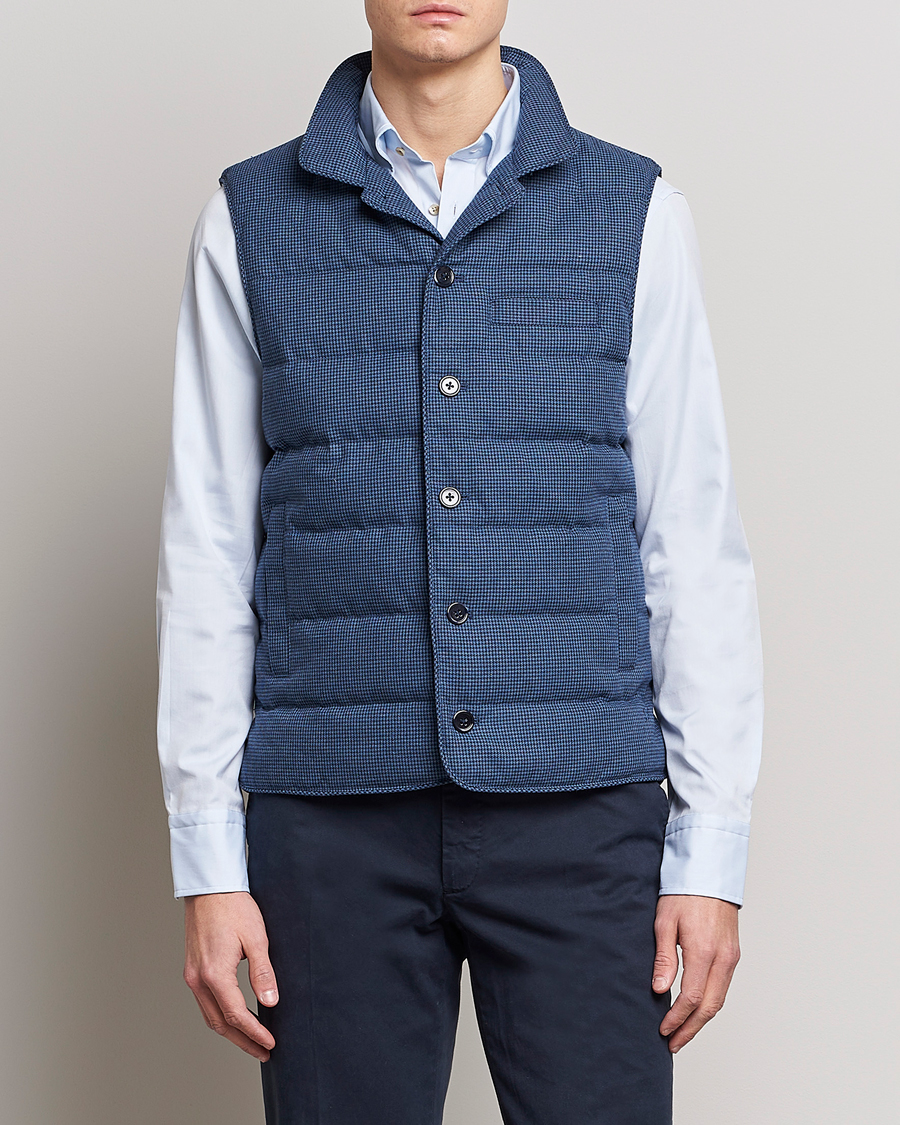 Men | Gilets | Stenströms | Padded Houndstooth Linen Vest Blue