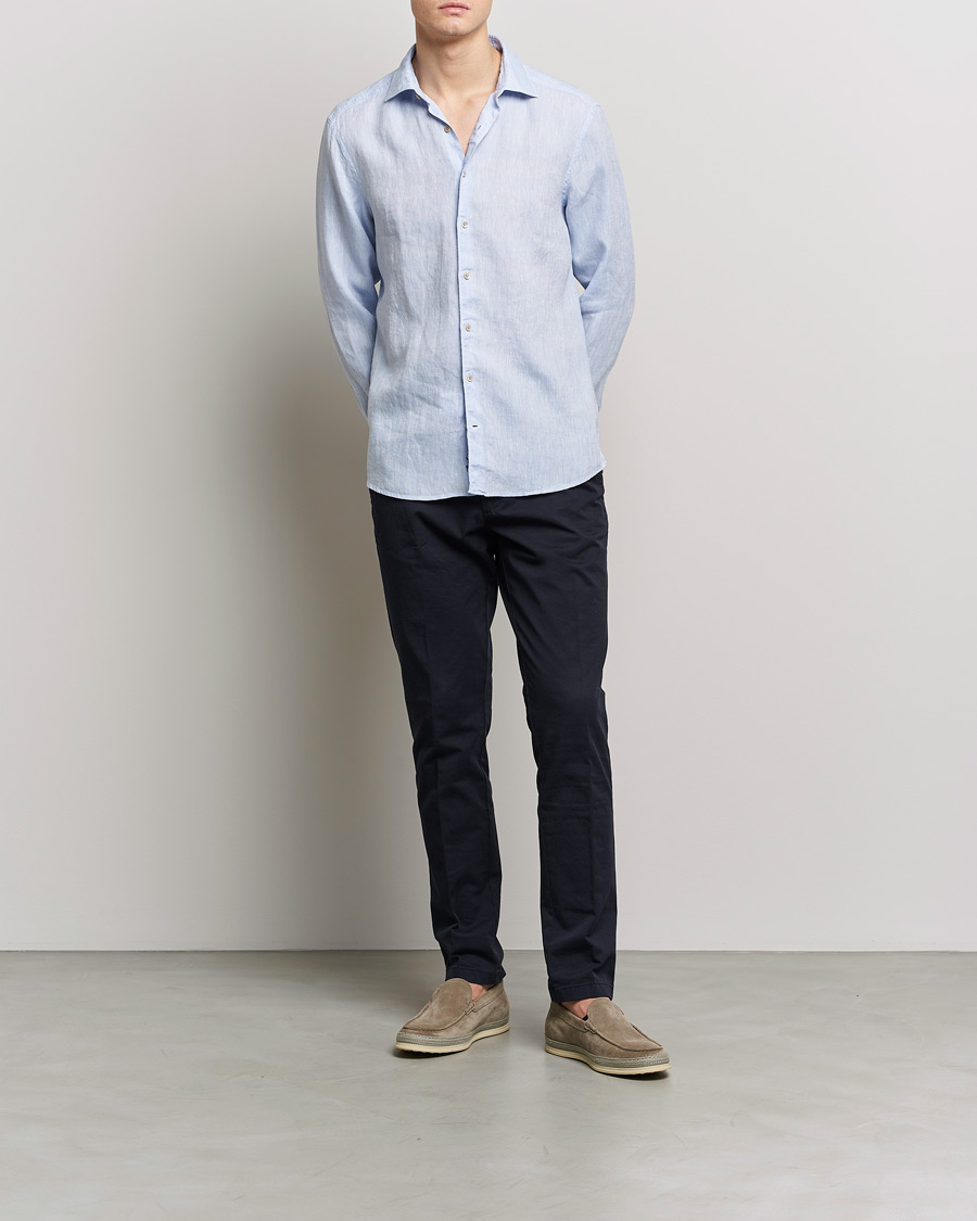 Men | Shirts | Stenströms | Slimline Cut Away Linen Shirt Light Blue
