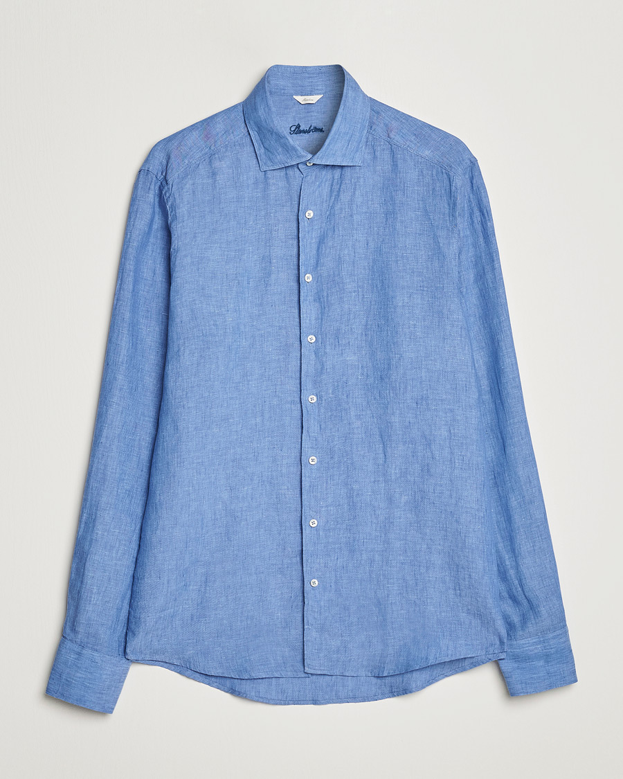Men | Shirts | Stenströms | Slimline Cut Away Linen Shirt Mid Blue