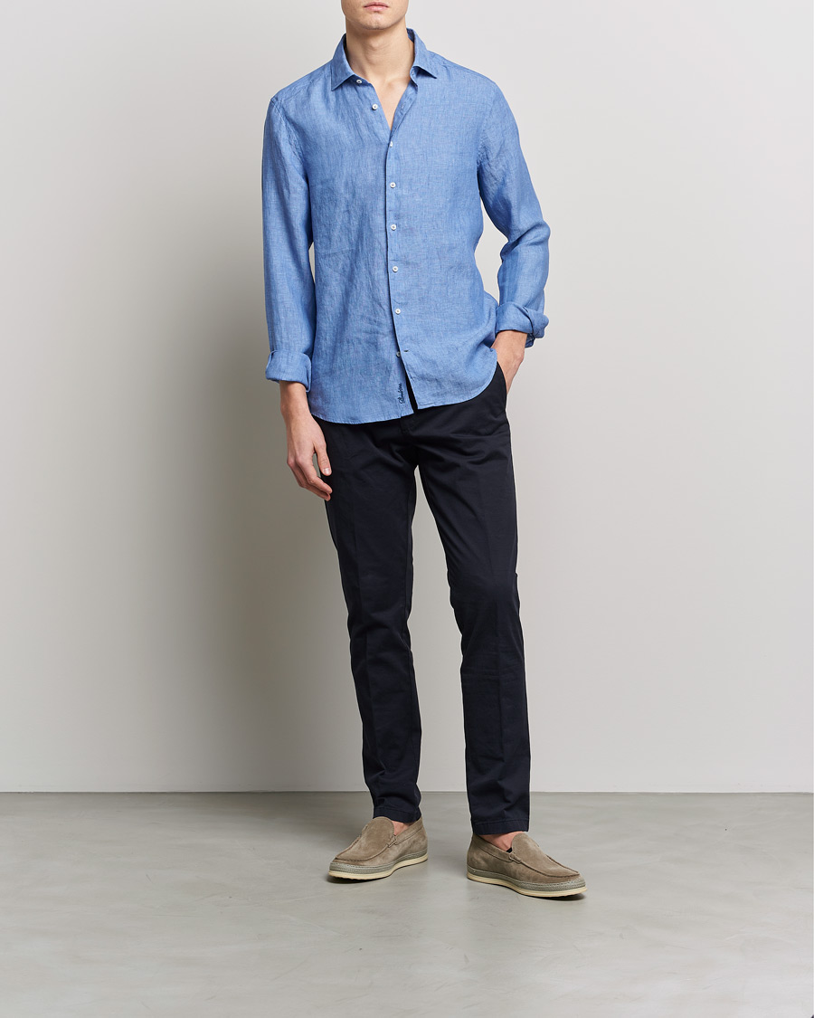 Men | Shirts | Stenströms | Slimline Cut Away Linen Shirt Mid Blue