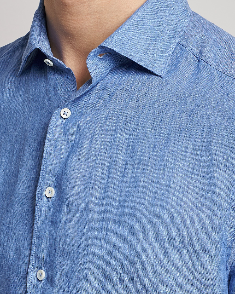 Men | Shirts | Stenströms | Slimline Cut Away Linen Shirt Mid Blue
