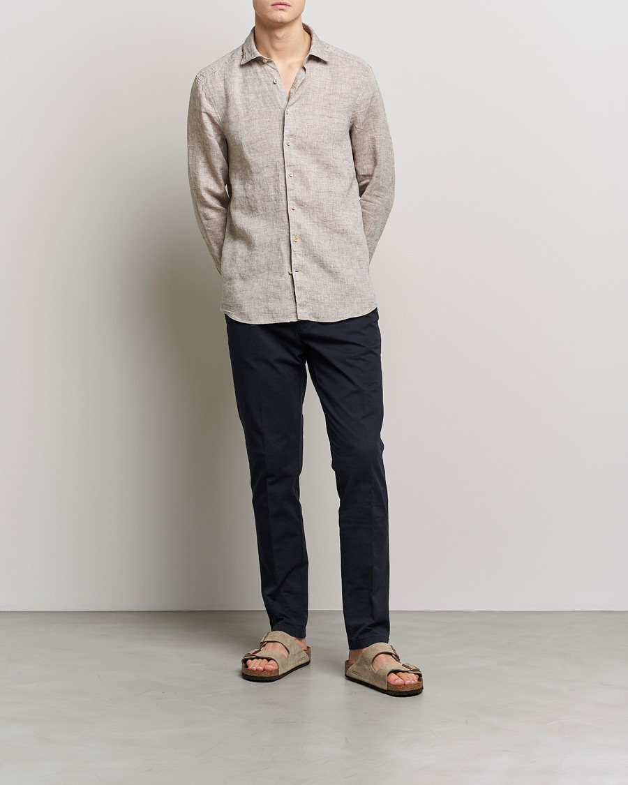 Men | Shirts | Stenströms | Slimline Cut Away Linen Shirt Light Brown