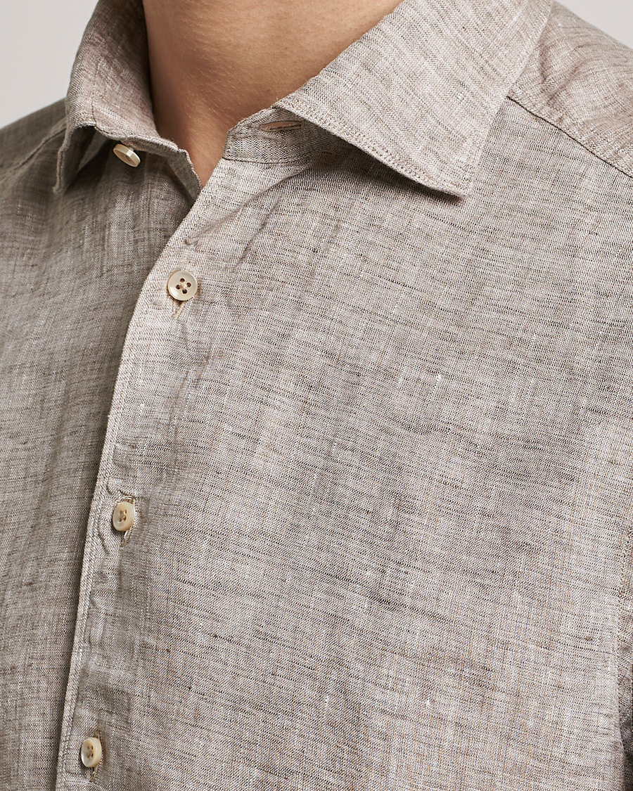 Men | Shirts | Stenströms | Slimline Cut Away Linen Shirt Light Brown