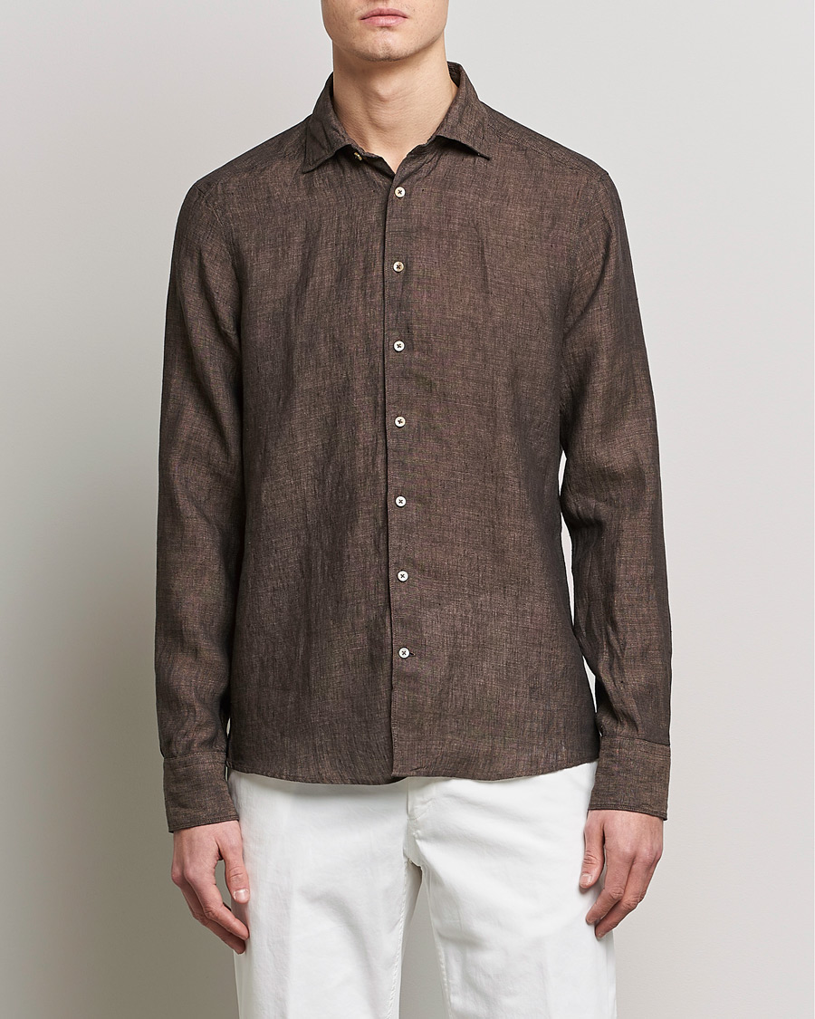 Men | Shirts | Stenströms | Slimline Cut Away Linen Shirt Dark Brown