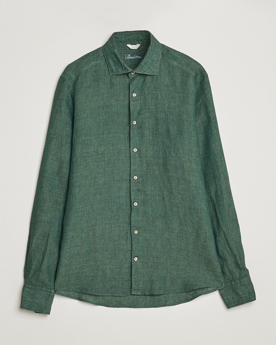 Men | Shirts | Stenströms | Slimline Cut Away Linen Shirt Dark Green