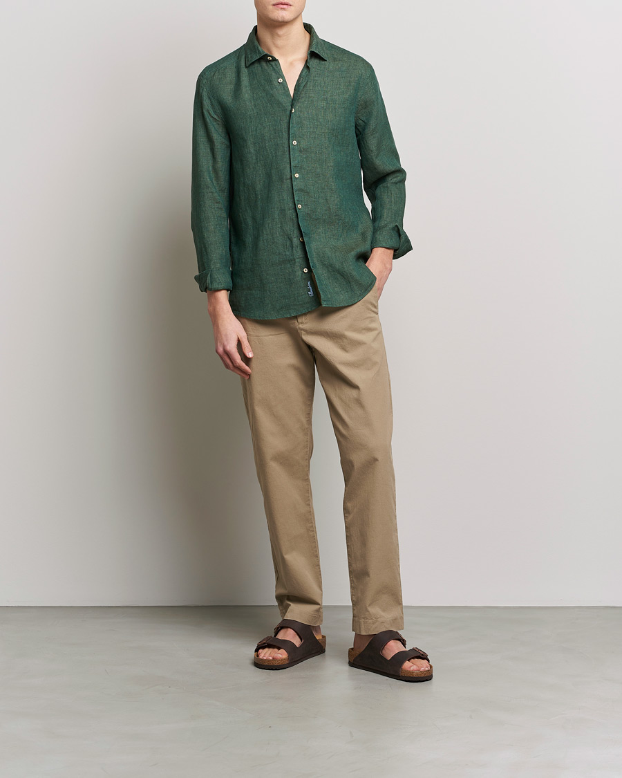 Men | Shirts | Stenströms | Slimline Cut Away Linen Shirt Dark Green