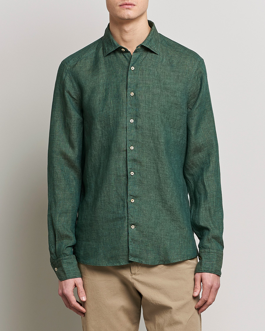 Men | Shirts | Stenströms | Slimline Cut Away Linen Shirt Dark Green