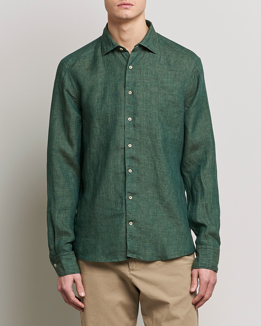 Men | Shirts | Stenströms | Slimline Cut Away Linen Shirt Dark Green