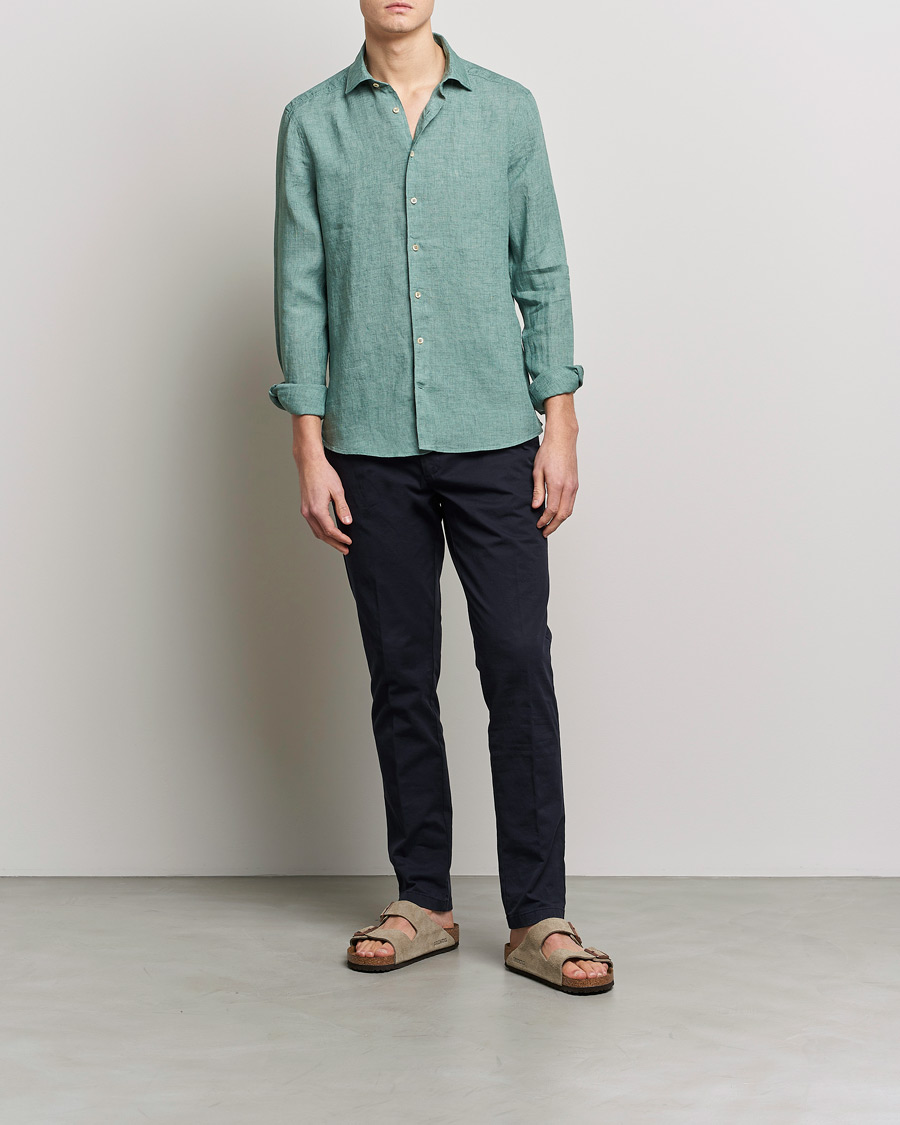 Men | Shirts | Stenströms | Slimline Cut Away Linen Shirt Deep Green