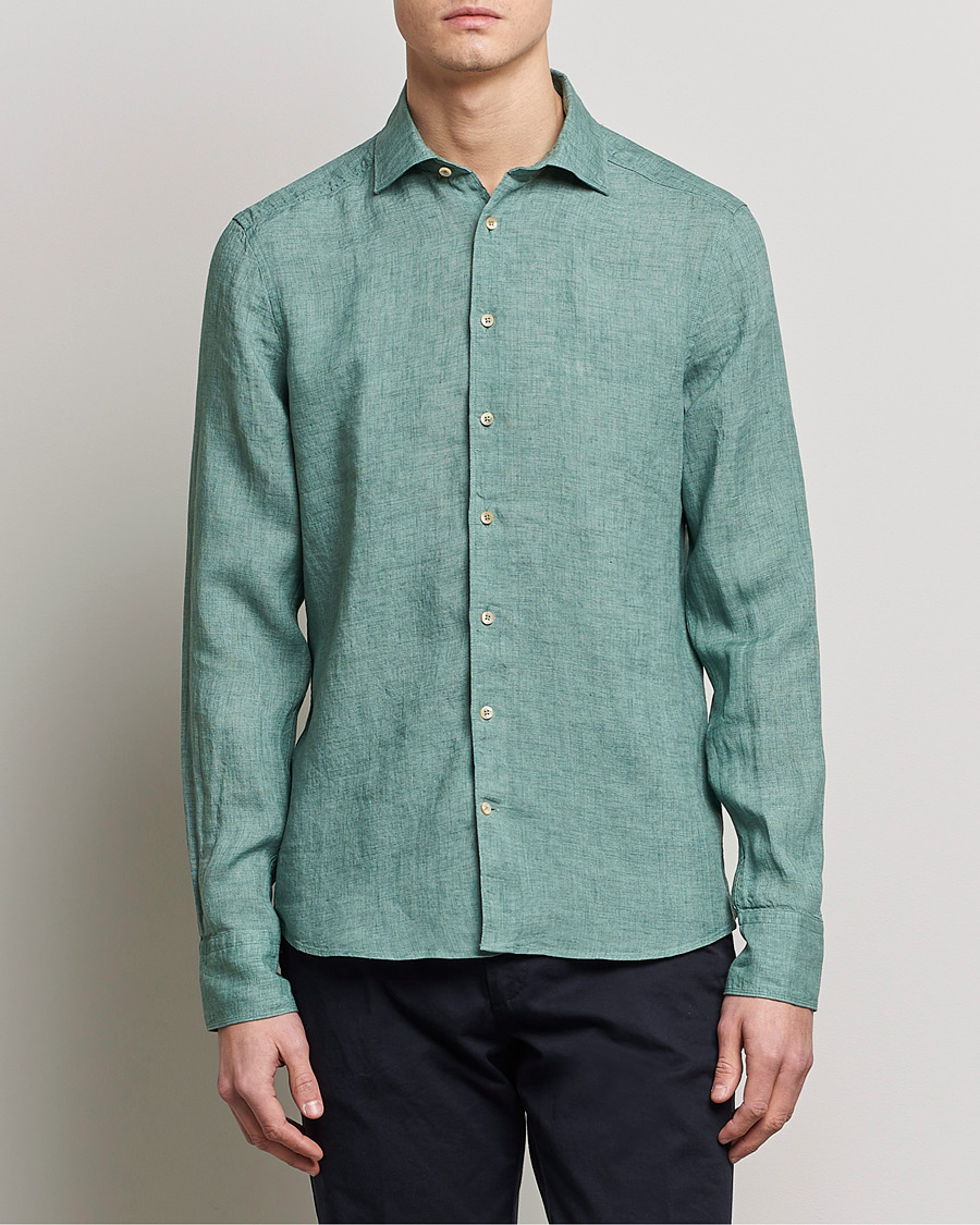 Men | Stenströms | Stenströms | Slimline Cut Away Linen Shirt Deep Green