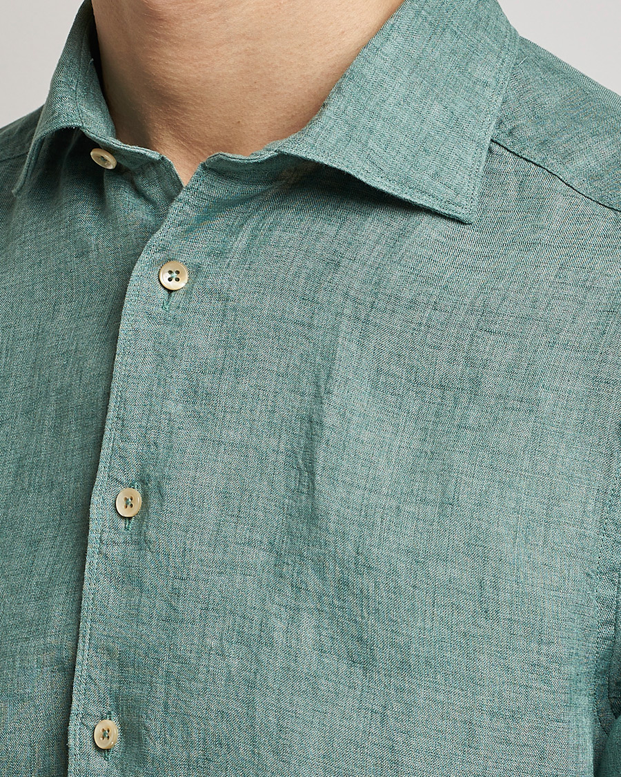 Men | Shirts | Stenströms | Slimline Cut Away Linen Shirt Deep Green