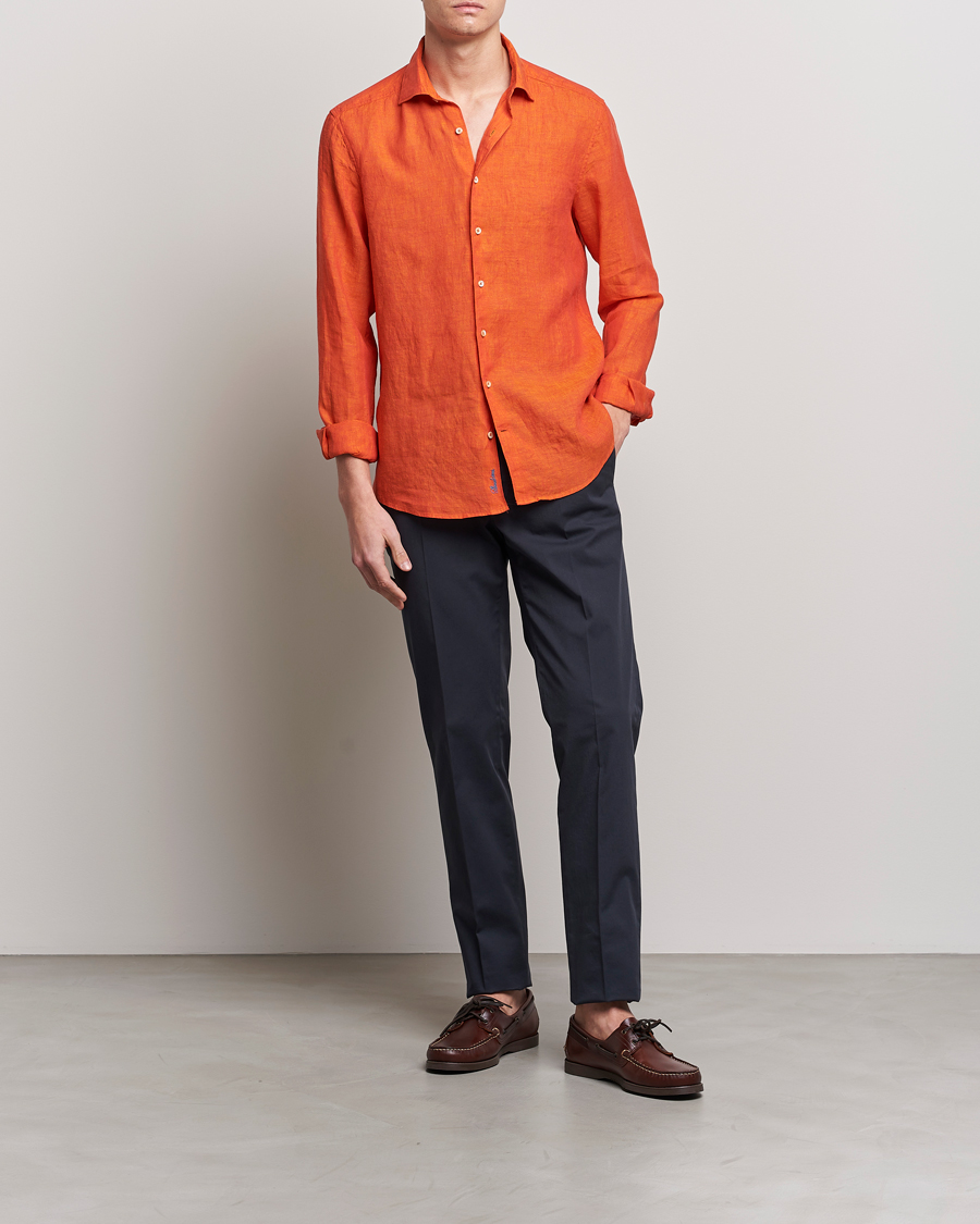 Men | Shirts | Stenströms | Slimline Cut Away Linen Shirt Orange