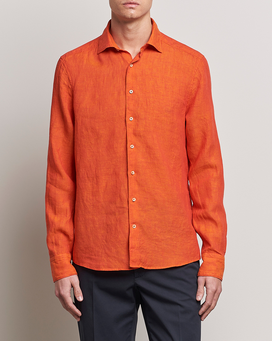 Men | Shirts | Stenströms | Slimline Cut Away Linen Shirt Orange