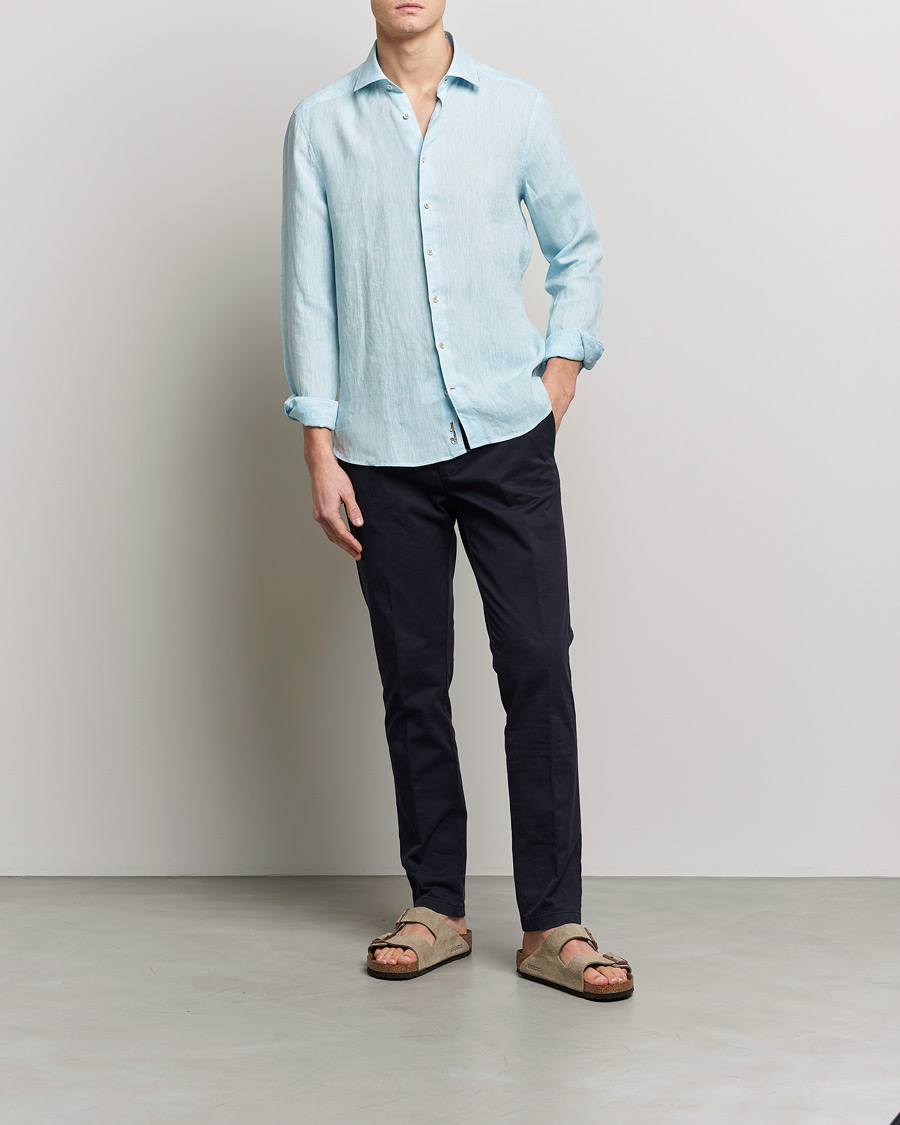 Men | Shirts | Stenströms | Slimline Cut Away Linen Shirt Turqoise