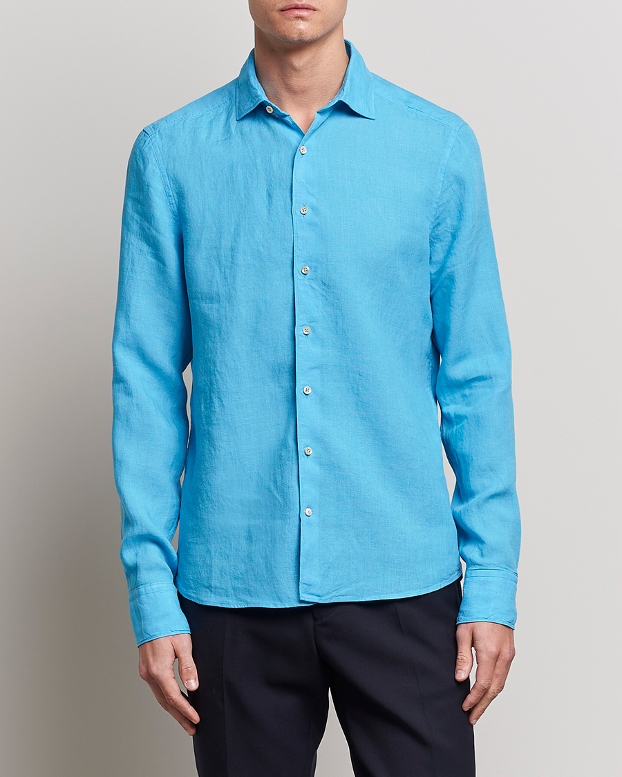 Men |  | Stenströms | Slimline Cut Away Linen Shirt High Blue
