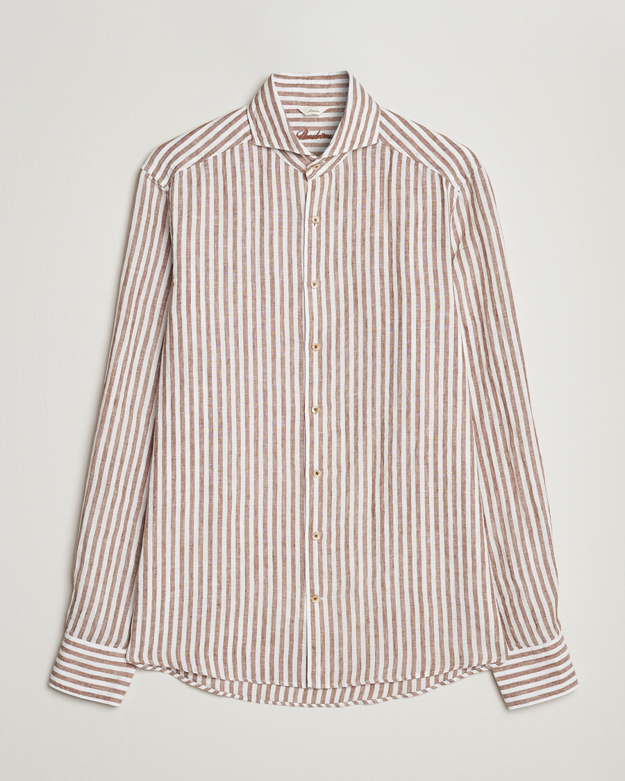 Men | Shirts | Stenströms | Slimline Cut Away Striped Linen Shirt Brown