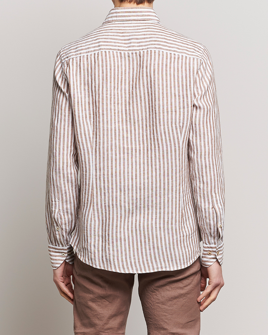 Men | Shirts | Stenströms | Slimline Cut Away Striped Linen Shirt Brown
