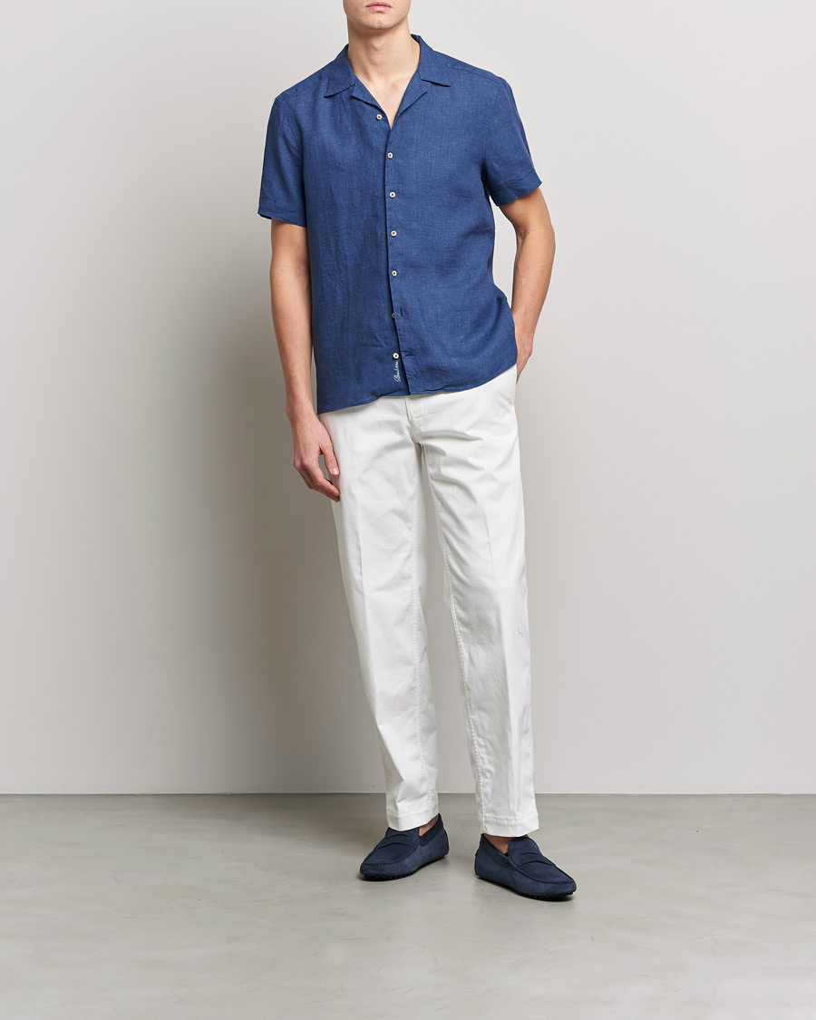 Men | Shirts | Stenströms | Slimline Short Sleeve Resort Linen Shirt Blue