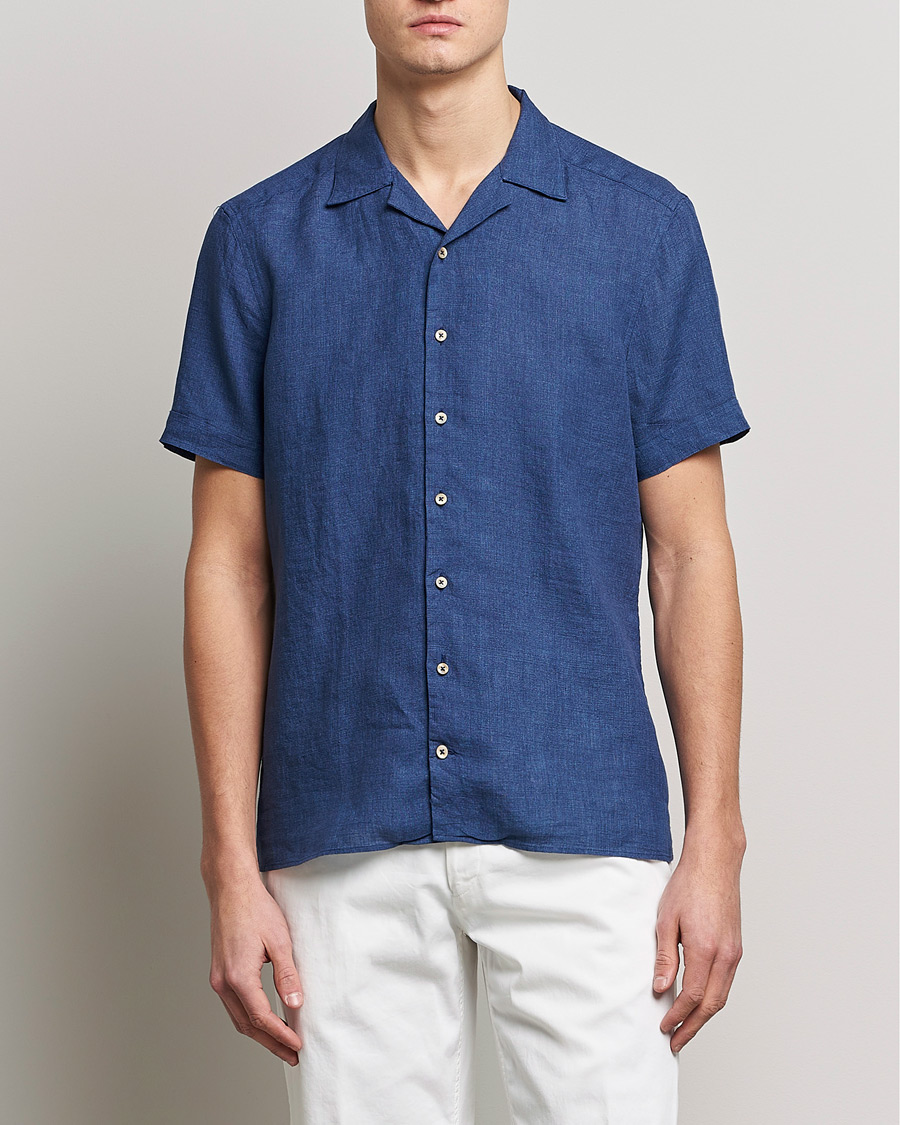 Men |  | Stenströms | Slimline Short Sleeve Resort Linen Shirt Blue