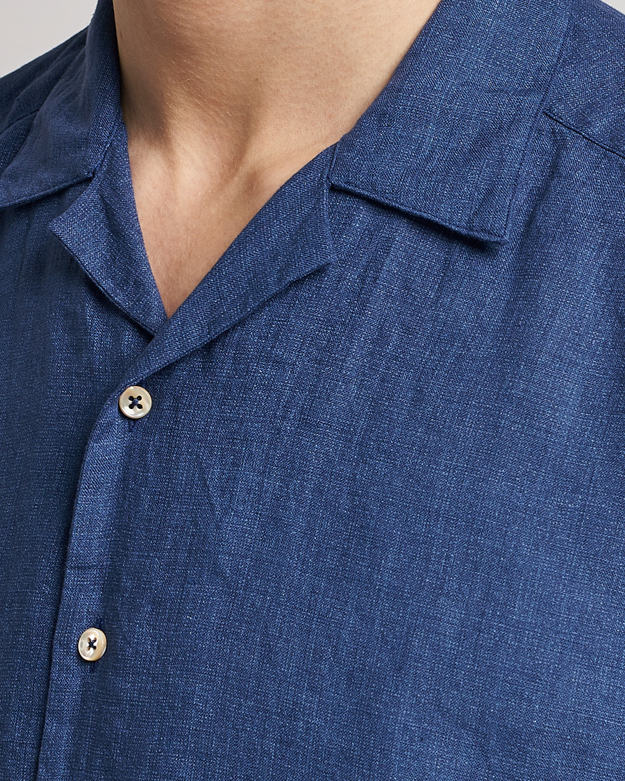 Men | Shirts | Stenströms | Slimline Short Sleeve Resort Linen Shirt Blue