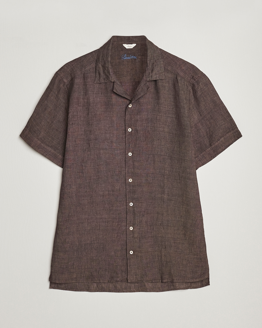 Men | Shirts | Stenströms | Slimline Short Sleeve Resort Linen Shirt Dark Brown