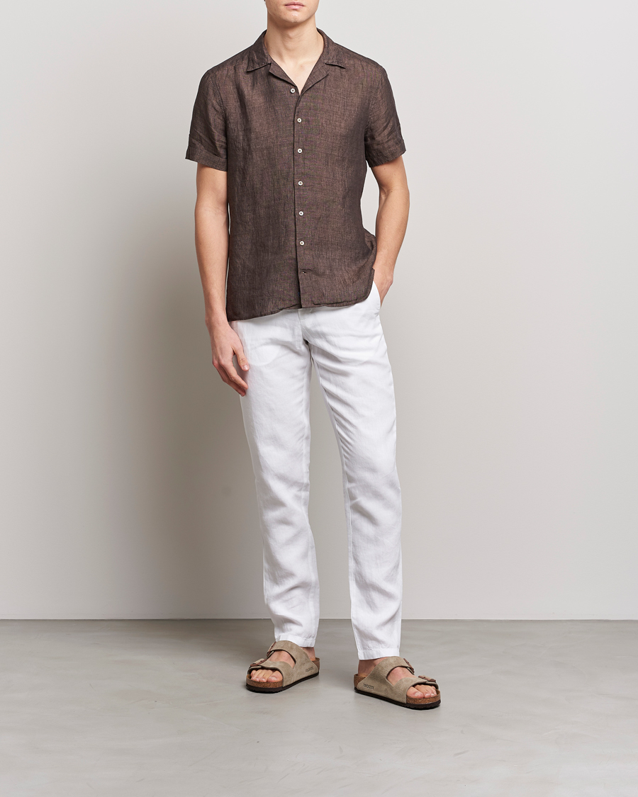 Men | Shirts | Stenströms | Slimline Short Sleeve Resort Linen Shirt Dark Brown