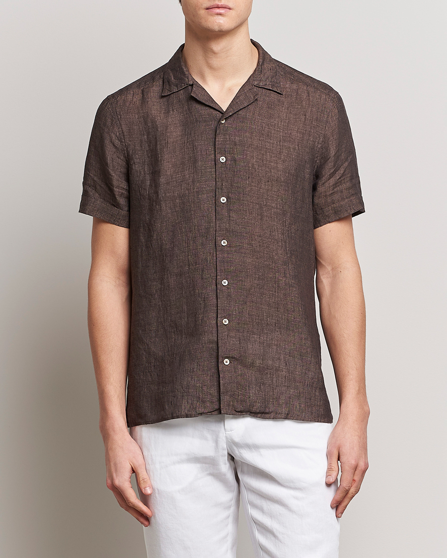 Men |  | Stenströms | Slimline Short Sleeve Resort Linen Shirt Dark Brown