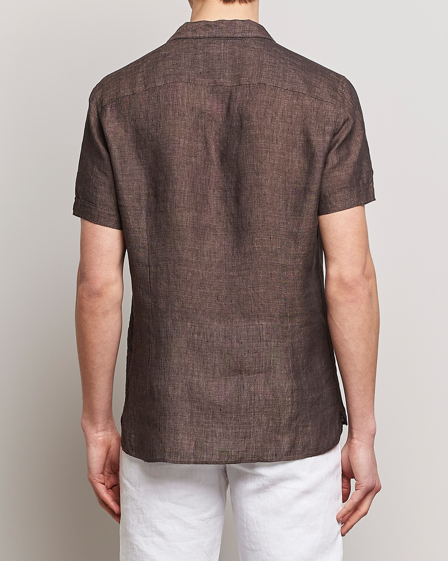 Men | Shirts | Stenströms | Slimline Short Sleeve Resort Linen Shirt Dark Brown
