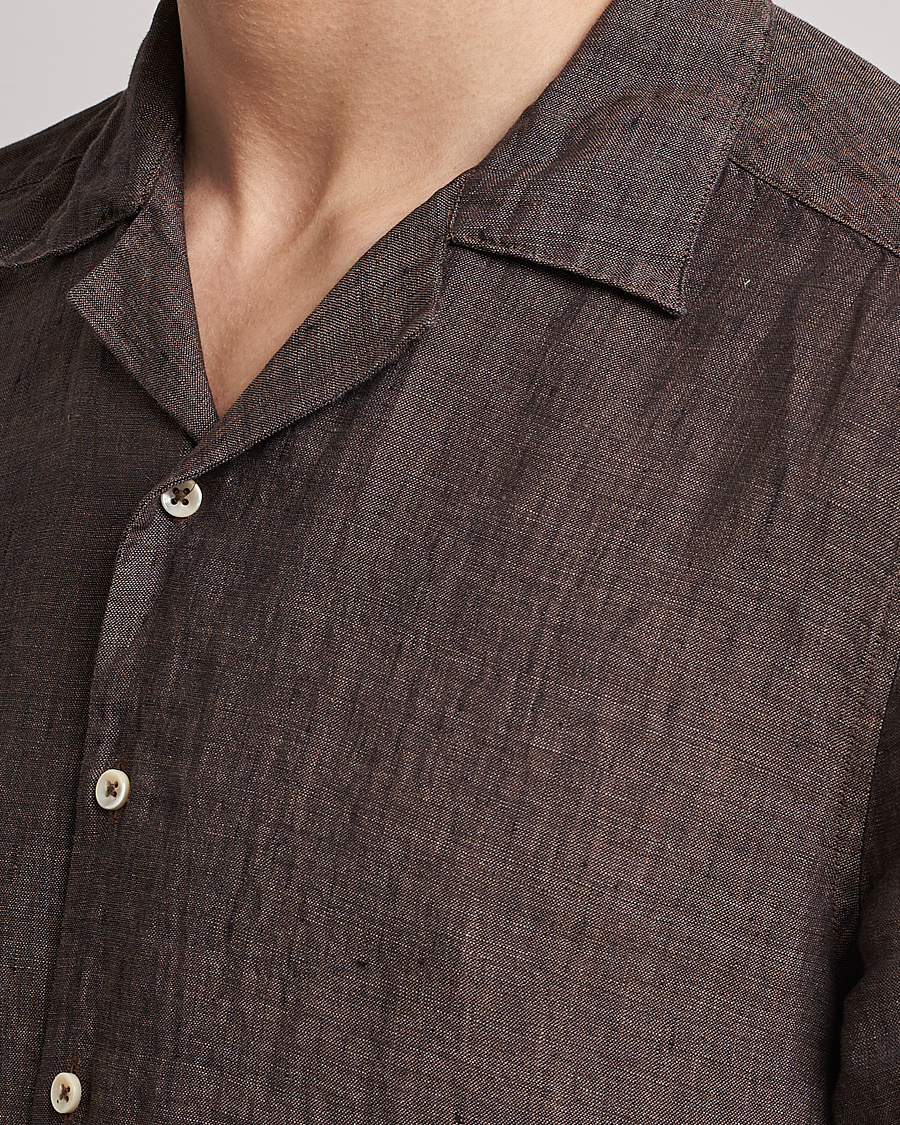 Men | Shirts | Stenströms | Slimline Short Sleeve Resort Linen Shirt Dark Brown