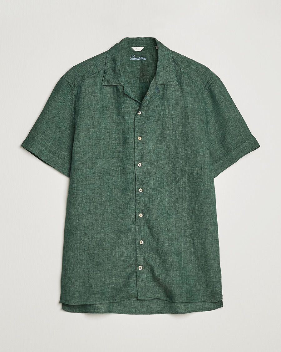 Men | Shirts | Stenströms | Slimline Short Sleeve Resort Linen Shirt Dark Green