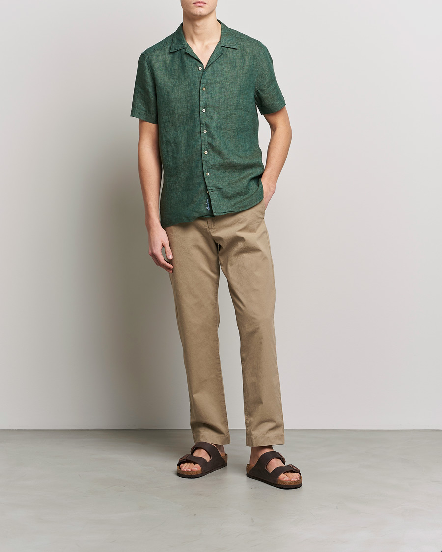 Men | Shirts | Stenströms | Slimline Short Sleeve Resort Linen Shirt Dark Green