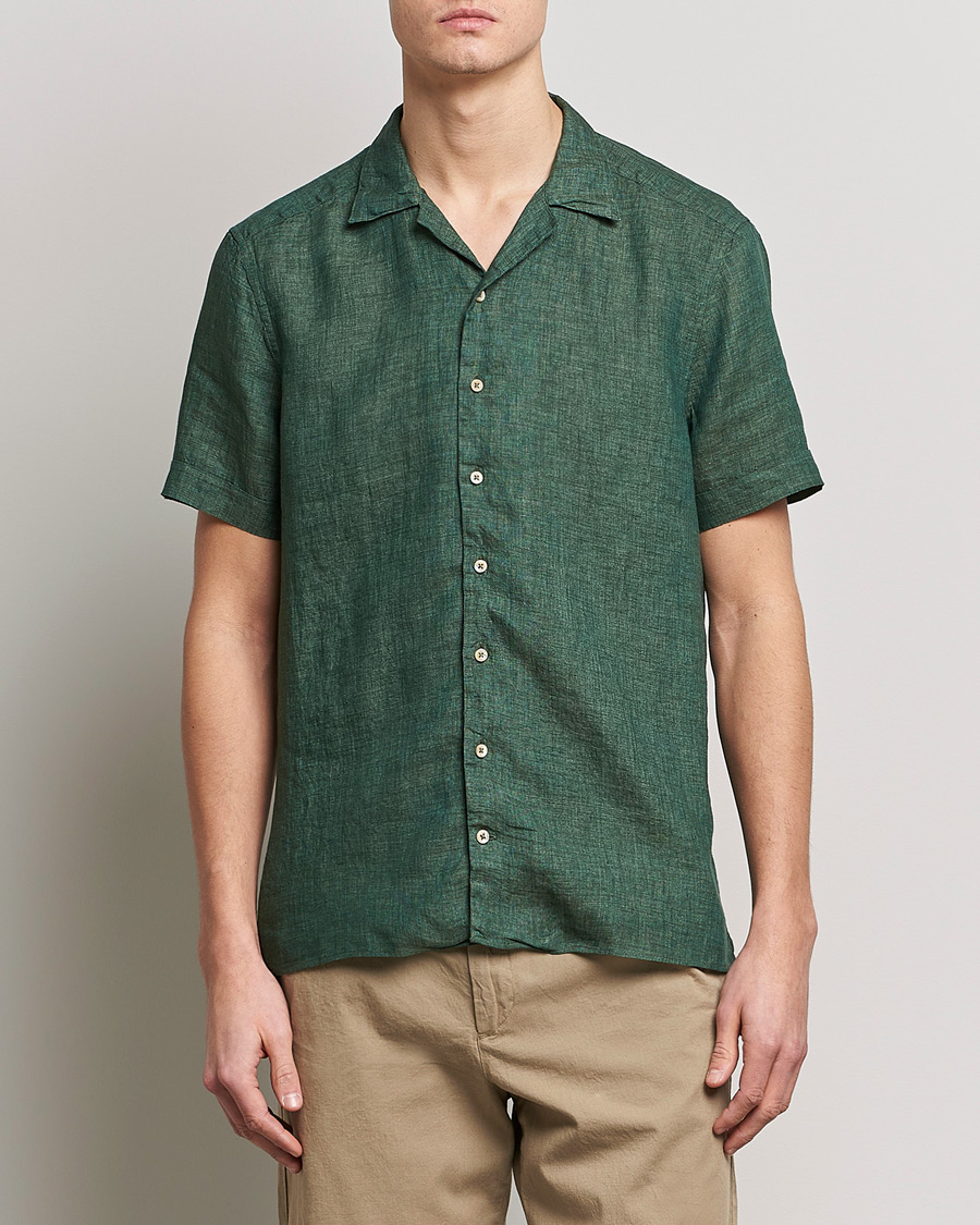 Men | Shirts | Stenströms | Slimline Short Sleeve Resort Linen Shirt Dark Green