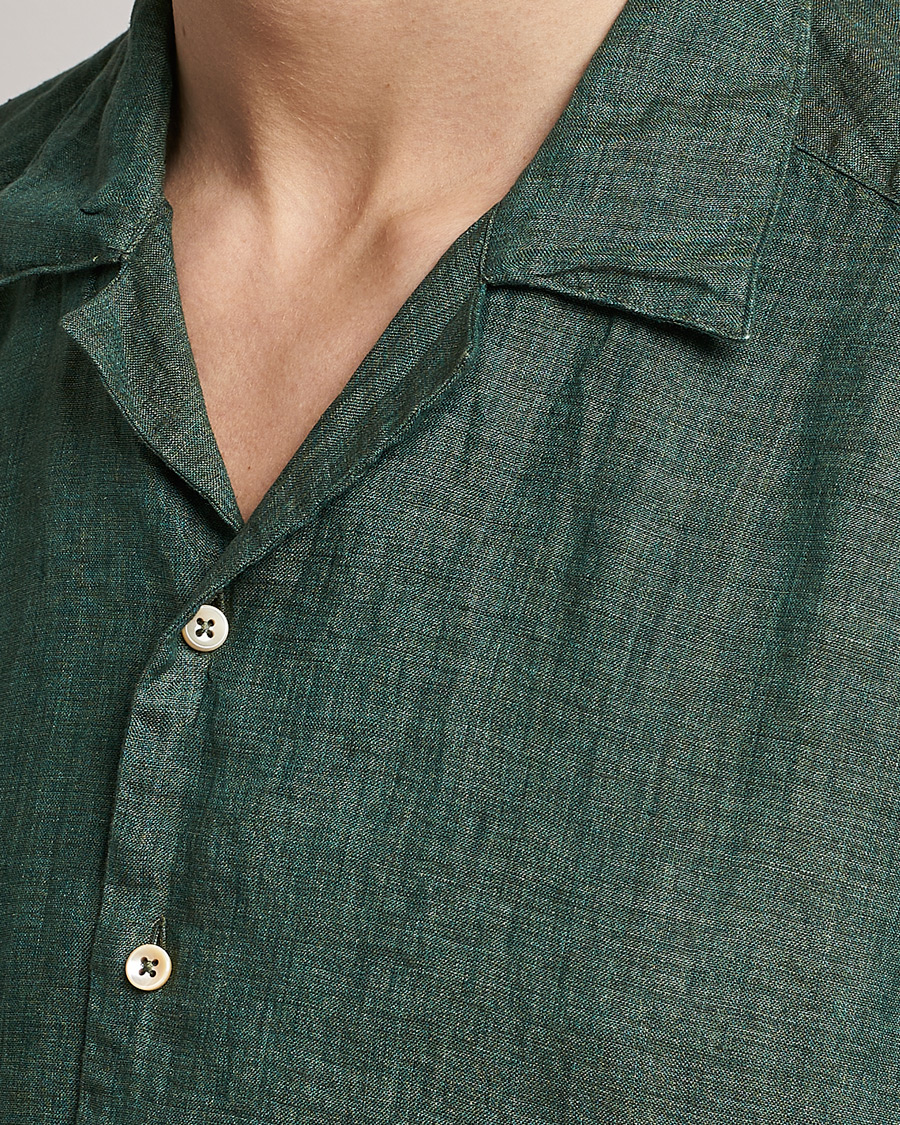 Men | Shirts | Stenströms | Slimline Short Sleeve Resort Linen Shirt Dark Green