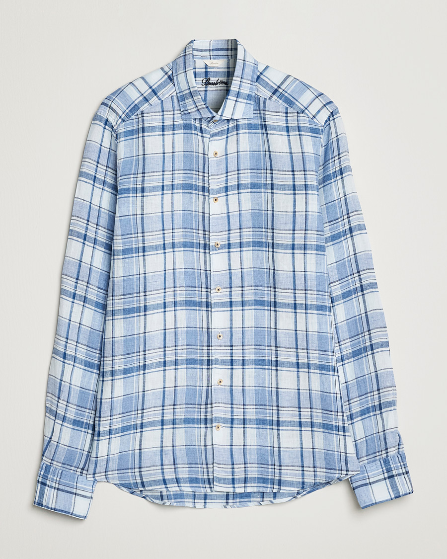 Men | Shirts | Stenströms | Slimline Cut Away Checked Linen Shirt Blue