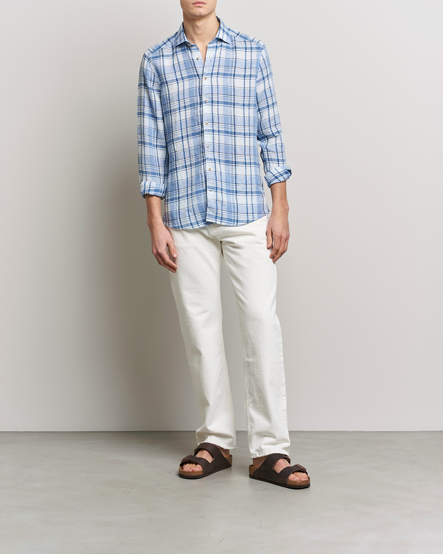 Men | Shirts | Stenströms | Slimline Cut Away Checked Linen Shirt Blue