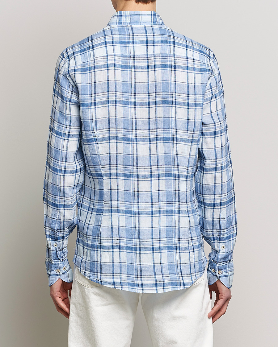 Men | Shirts | Stenströms | Slimline Cut Away Checked Linen Shirt Blue