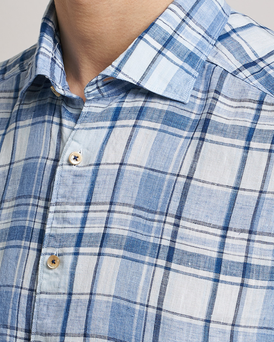 Men | Shirts | Stenströms | Slimline Cut Away Checked Linen Shirt Blue