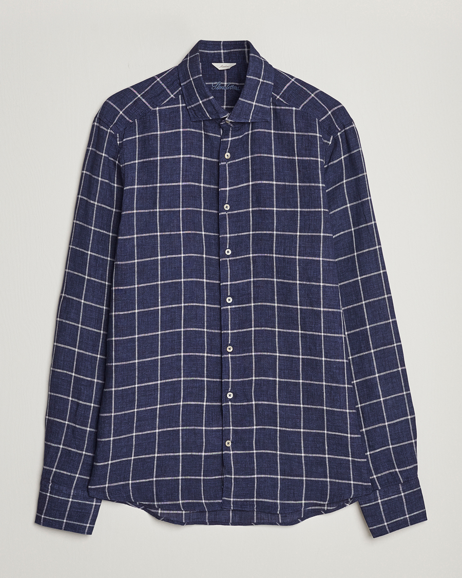 Men | Shirts | Stenströms | Slimline Cut Away Checked Linen Shirt Dark Blue