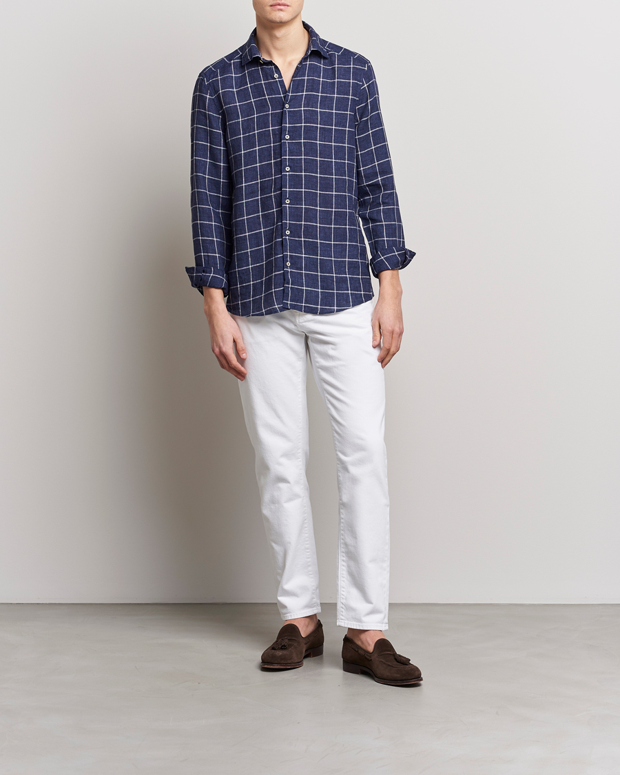 Men | Shirts | Stenströms | Slimline Cut Away Checked Linen Shirt Dark Blue