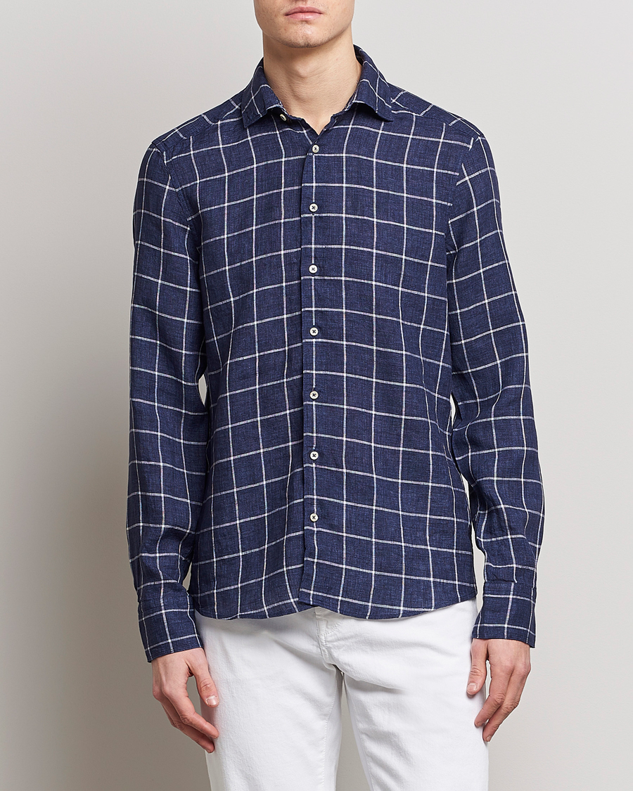 Men | Shirts | Stenströms | Slimline Cut Away Checked Linen Shirt Dark Blue