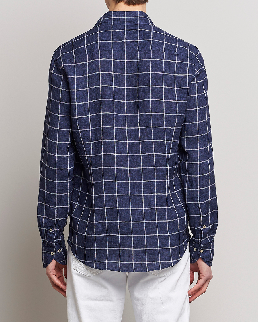 Men | Shirts | Stenströms | Slimline Cut Away Checked Linen Shirt Dark Blue