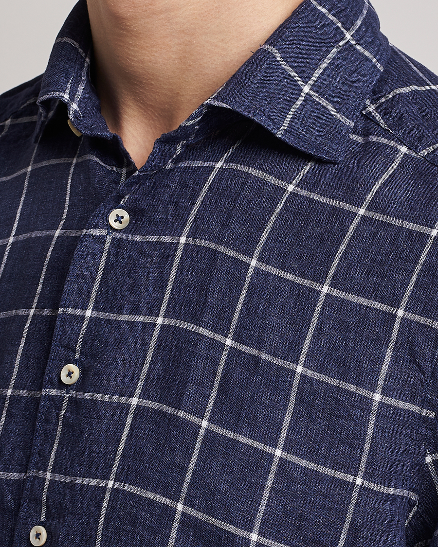 Men | Shirts | Stenströms | Slimline Cut Away Checked Linen Shirt Dark Blue