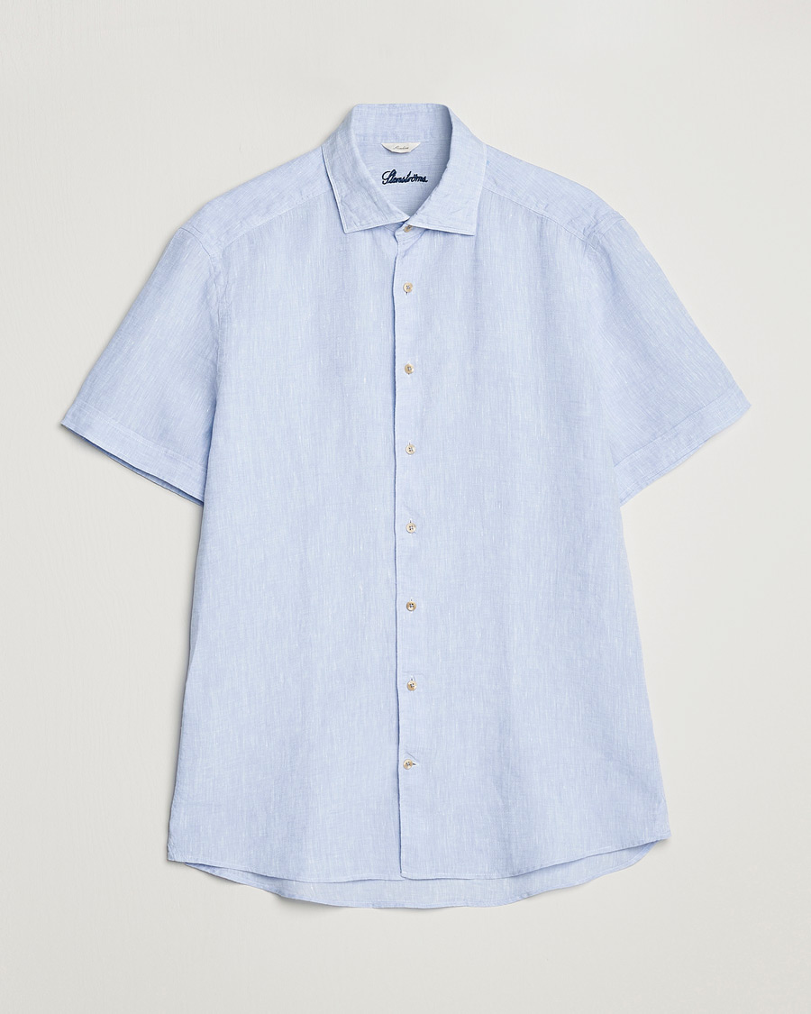 Men | Shirts | Stenströms | Slimline Cut Away Short Sleeve Linen Shirt Light Blue