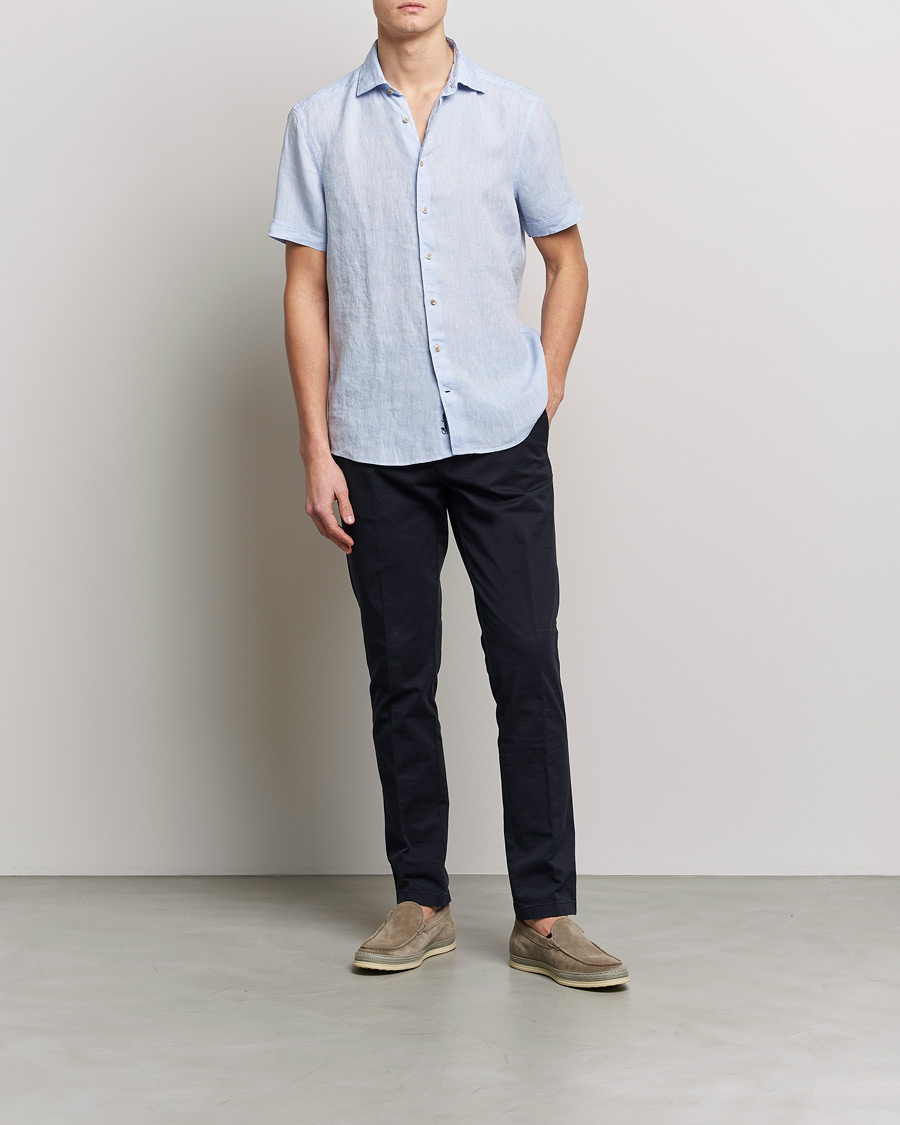 Men | Shirts | Stenströms | Slimline Cut Away Short Sleeve Linen Shirt Light Blue