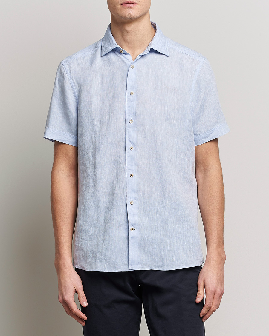 Men | Shirts | Stenströms | Slimline Cut Away Short Sleeve Linen Shirt Light Blue