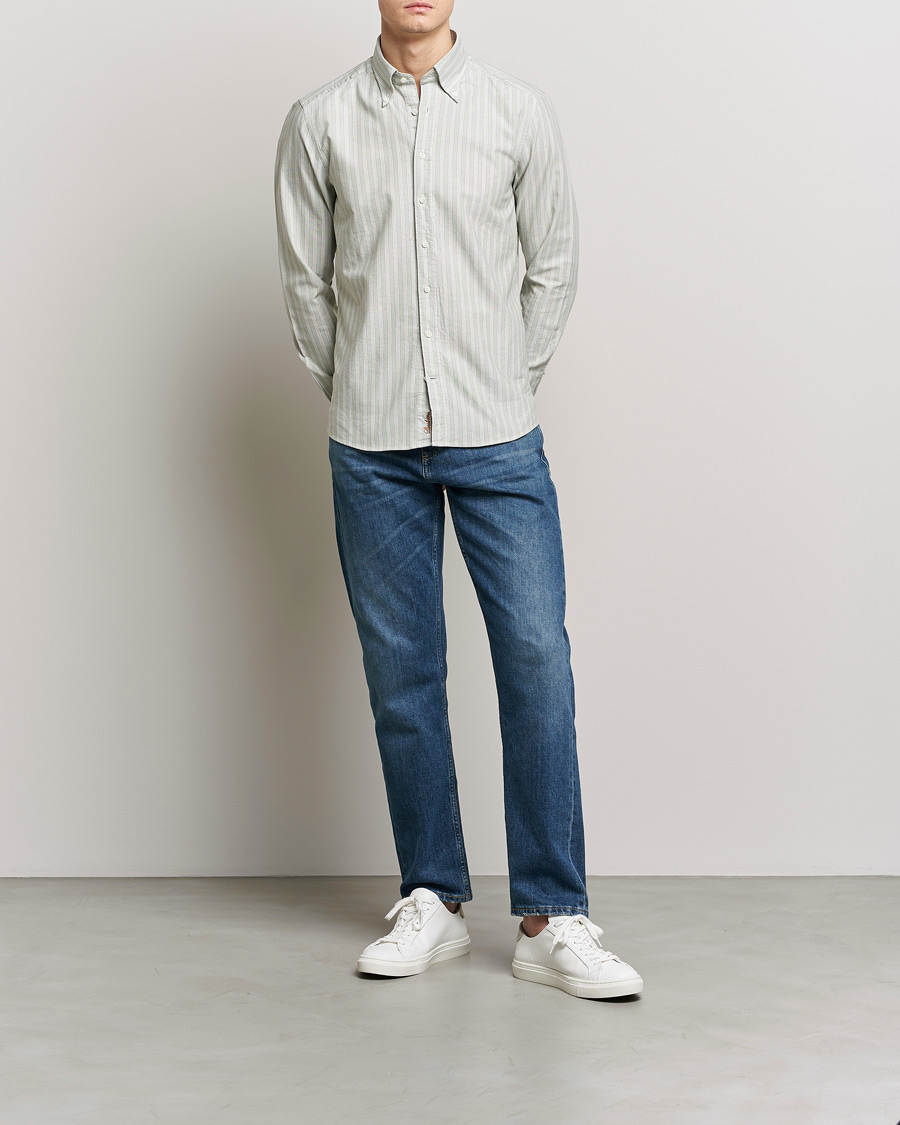 Men | Shirts | Stenströms | Slimline Washed Striped Oxford Shirt  Pistachio