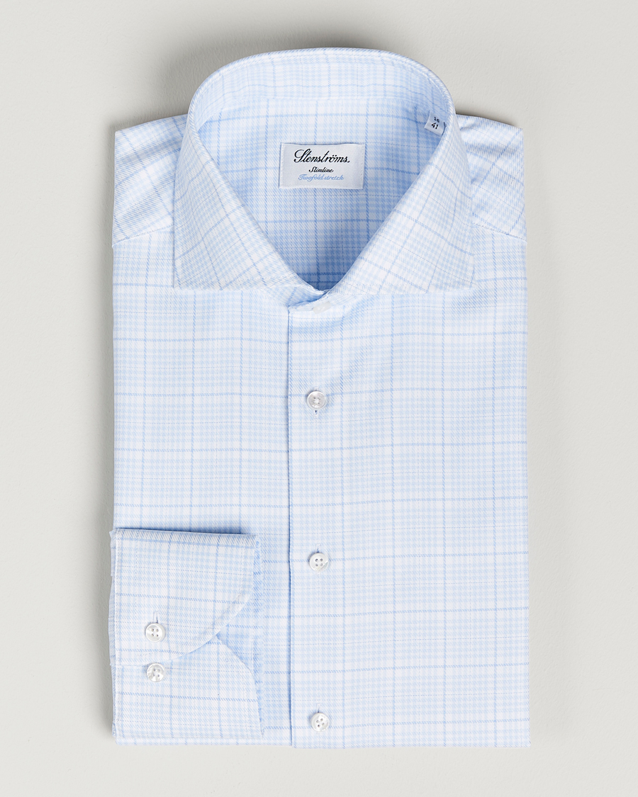 Men | Shirts | Stenströms | Slimline Multicheck Cut Away Shirt Light Blue