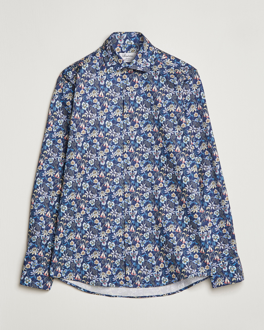 Men | Shirts | Stenströms | Slimline Cut Away Flower Print Shirt Blue
